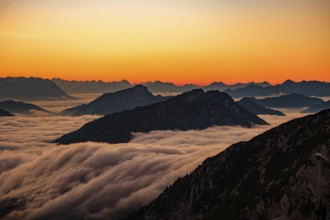 Alpine panorama at dusk, fog in the valley, Hochstaufen, Chiemgau Alps, Upper Bavaria, Bavaria,