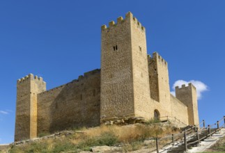 Historic walls and towers of Castillo de Sádaba, Sadaba castle, Zaragoza province, Aragon, Spain