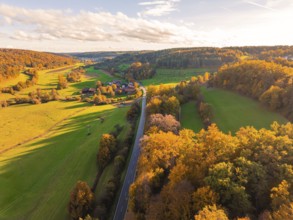 Aerial view of an autumn landscape with forests and fields at sunset, Lehenweiler, Aidlingen,