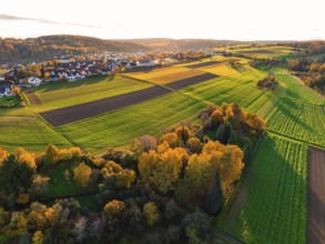 Panorama of fields and colorful autumn trees under wide sky, Aidlingen, Böblingen district, Germany