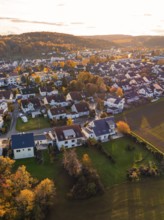 Near settlement with autumn trees and roofs, illuminated by golden sunlight, Aidlingen, Böblingen