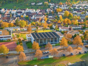 Detailed view of a village in an autumn landscape, Aidlingen, Böblingen district, Germany
