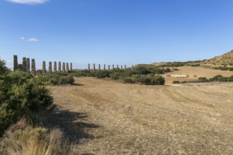 Stone columns of ancient aqueduct, Roman site of Los Banales, near Layana, Zaragoza province,