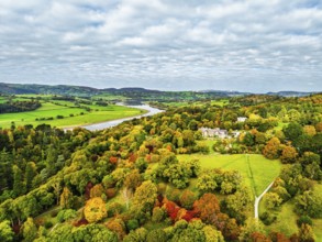 Autumn colours over Bodnant House and Garden from a drone, Conwy River, Colwyn Bay, Conwy, Wales,