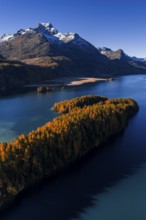 Mountain landscape, mountain lake, larch forest, autumn, autumn color, morning light, sunny, aerial