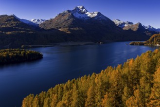 Mountain landscape, mountain lake, larch forest, autumn, autumn color, morning light, sunny, aerial
