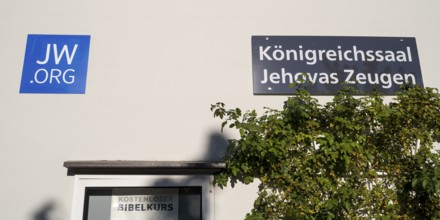Façade with sign, JW. ORG, Kingdom Hall, Jehovah's Witnesses, Bad Tölz, Upper Bavaria, Bavaria,