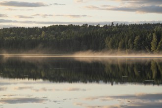 Rising fog, clouds reflected on the water surface, forest lake, evening mood, at Sunne, Sweden