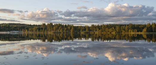 Clouds reflected on the water surface, forest lake, evening mood, panorama, near Sunne, Sweden