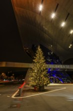 Illuminated Christmas tree in front of BMW World, Petuelring, Munich, Upper Bavaria, Bavaria,
