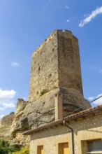 Tower of ruined castle, medieval village of Luesia, Cinco Villas, Zaragoza province, Aragon, Spain