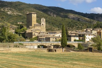 Landscape view from countryside of medieval village of Biel, Cinco Villas, Zaragoza province,