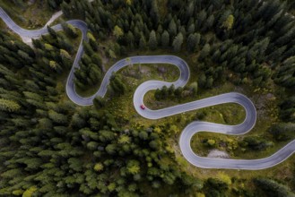 Curvy road, serpentines, pass road, forest, aerial view, car, red, Giau Pass, Dolomites, Italy