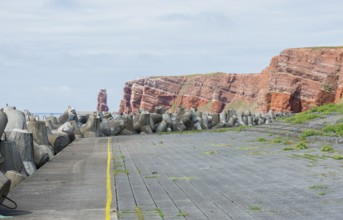 Coastline with concrete tetrapods by the sea, coastal protection, protective wall, paved coastal
