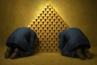 Two men worship a pile of gold bars and bow down, symbolizing gold, wealth, power, greed, luxury,
