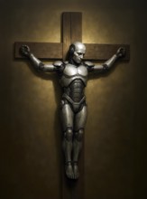 A humanoid robot is nailed to the cross, symbol of religion, faith, technology, martyr, believing