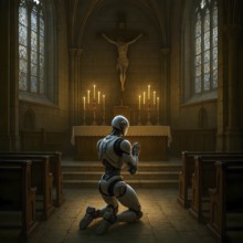 A humanoid robot kneels in a church and prays, symbol image android, technology, robotics, feeling,