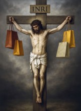 Jesus Christ is nailed to the cross and holds shopping bags in his hands, symbolic image of waste,