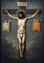 Jesus Christ is nailed to the cross and holds bulging shopping bags in his hands, symbolizing