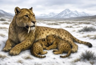 A sabre-toothed tiger, sabre-toothed cat, smilodon (Machairodontinae) with young animals resting in