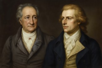 Double portrait of Johann Wolfgang von Goethe and Friedrich Schiller, symbolic image of poet,