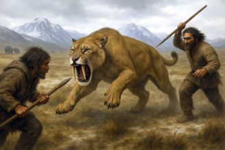 A sabre-toothed tiger, sabre-toothed cat, smilodon (Machairodontinae) in the cold steppe during the