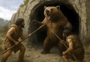 An ice age cave bear (Ursidae) is attacked with spears in front of its cave by prehistoric hunters,