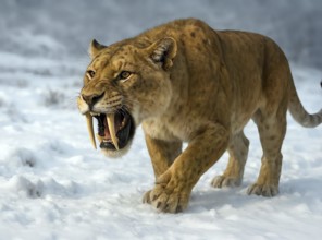 A sabre-toothed tiger, sabre-toothed cat, smilodon (Machairodontinae) in the snow of the cold