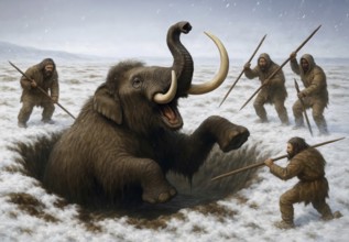 A mammoth (mammoth) in a trap in the glacial cold steppe is attacked by prehistoric hunters with