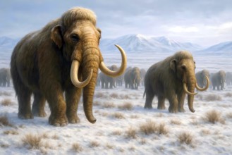 A mammoth herd (mammoth) in the glacial cold steppe, symbolic image woolly mammoth, mammoth