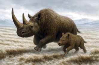 A woolly rhinoceros (Coelodonta antiquitatis) with rhinoceros calf in the glacial cold steppe,
