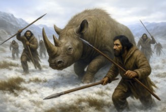 A woolly rhinoceros (Coelodonta antiquitatis) is hunted in the glacial cold steppe by prehistoric