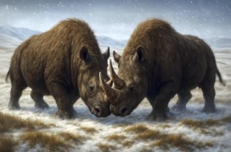 Two woolly rhinos (Coelodonta antiquitatis) meet in the glacial cold steppe, symbol rhino, ice age,