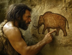 A Stone Age homo sapiens in front of a cave painting, depicting a mammoth, in a cave, symbolic