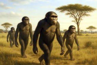 A group of Australopithecus runs through a savanna, symbol extinct, fossil, prehuman, Africa,