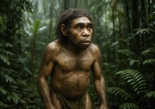A Homo Floriensis, the human from Flores, extinct in a jungle, fossil, Indonesia, prehistoric,
