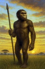 An Australopithecus stands with a spear in a savanna, symbol extinct, fossil, prehuman, Africa,