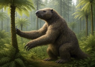 A giant sloth, a megatherium, in a prehistoric forest of ferns, symbol prehistoric, sloth, animal