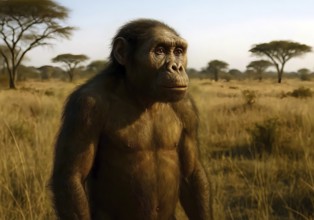 An Australopithecus africanus, a prehuman, in a savanna, symbol fossil, extinct, Hominidae,