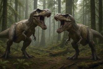 Two Tyrannosaurus rex (Theropoda) threatening turf battle in a prehistoric forest, symbol dinosaur,