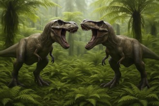 Two Tyrannosaurus rex (Theropoda) threatening in turf combat in a prehistoric forest of ferns,
