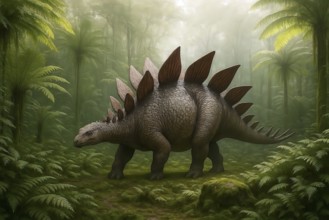 A stegosaurus (stegosauria) in a prehistoric forest of ferns, symbol dinosaur, sauropods, extinct,