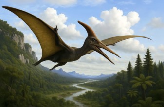 A pterodactyl (Pterodactyloidea) flies over a prehistoric landscape, symbol dinosaur, pterosaur,