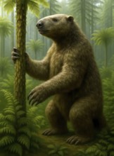 A giant sloth, a megatherium, in a prehistoric forest of ferns, symbol prehistoric, sloth, animal