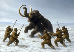 A wildly trometing mammoth (mammoth) in the glacial cold steppe is attacked by prehistoric hunters