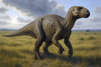 A dinosaur, an iguanodon, extinct in a steppe, symbolic image. Prehistoric, dinosaur, Cretaceous