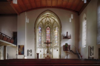 Interior view, choir room, altar, Jesus on the Cross, City Church, Bietigheim-Bissingen,