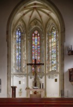 Interior view, choir room, altar, Jesus on the Cross, City Church, Bietigheim-Bissingen,