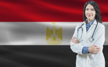 Egyptian medicine and healthcare concept. Close up of doctor against Egypt flag background