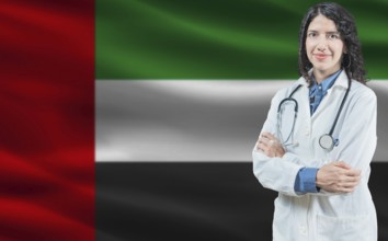 Emirati medicine and healthcare concept. Close up of doctor against United Arab Emirates flag